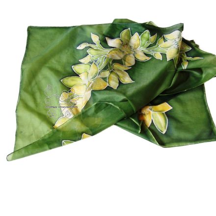 Orchideák zöldben női selyem sál, kézzel festett hernyóselyem stóla